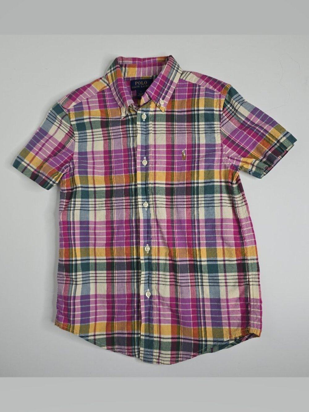 Polo Ralph Lauren Plaid Shirt Boys 7 Pony Button Down Short Sleeve Pink Preppy